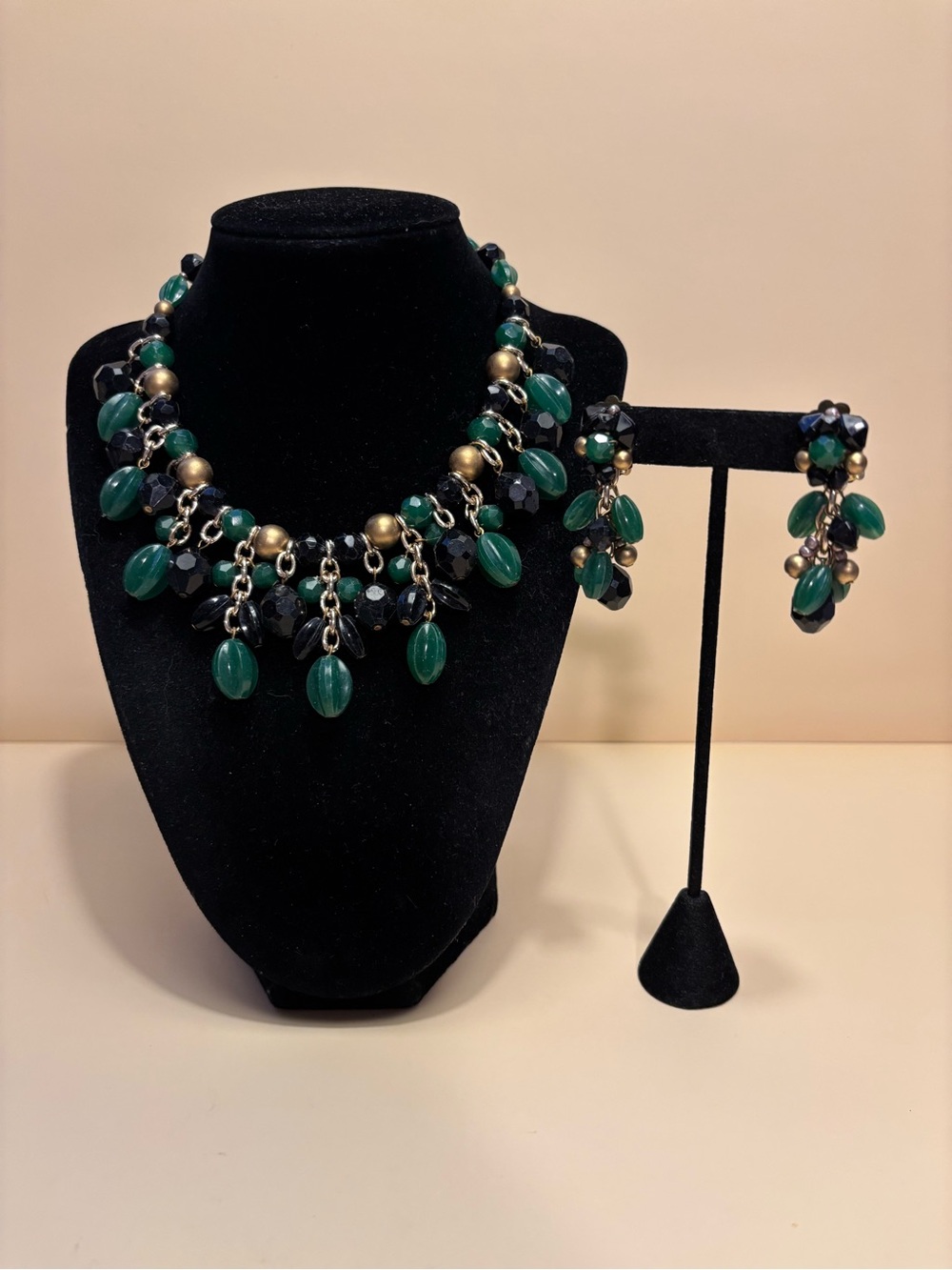 West Germany Green, Gold and Black Beaded Statement Necklace Set